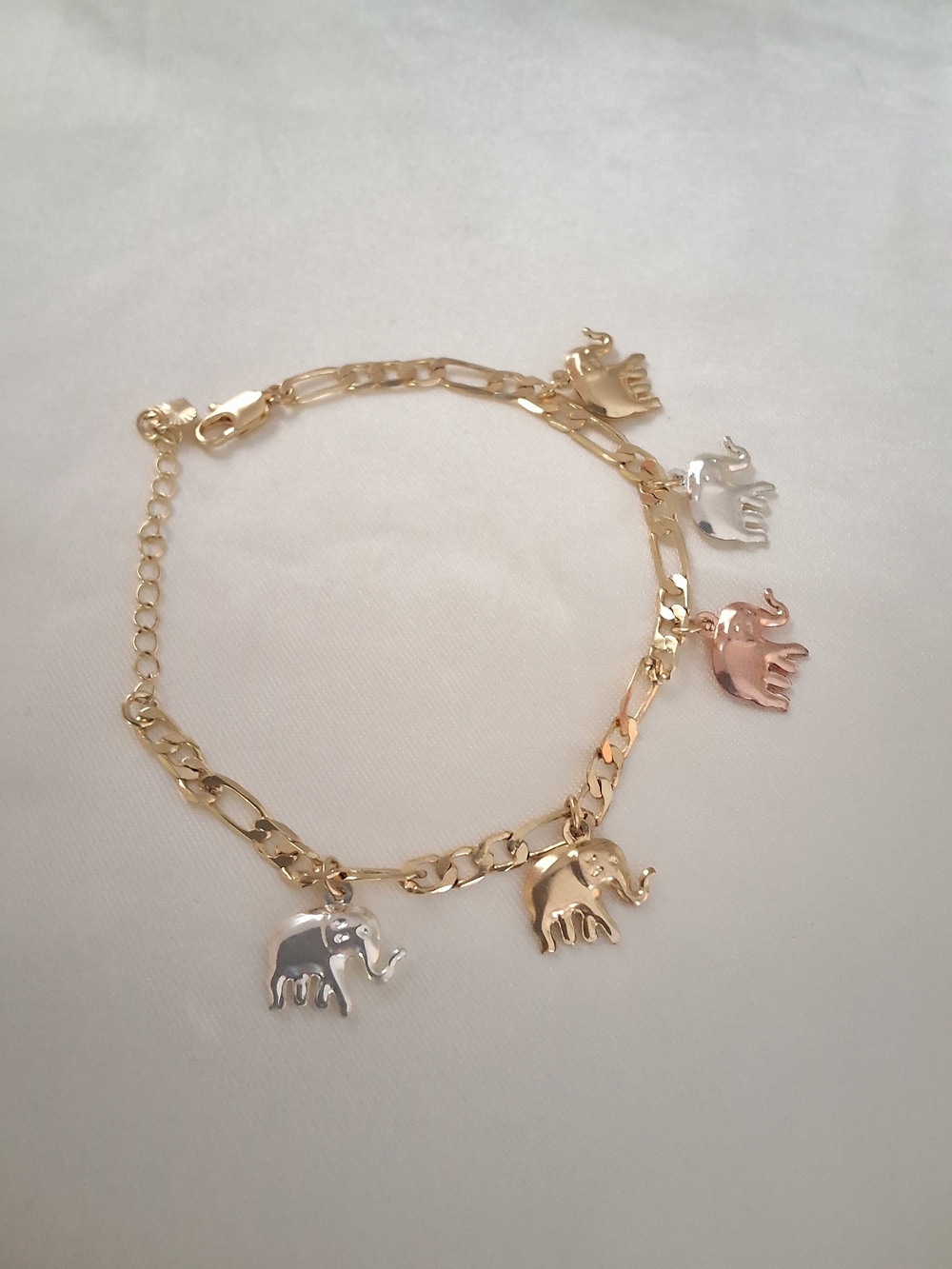 Gold Plated Elephant Charm Bracelet with Tri-Tone Elephant Charms